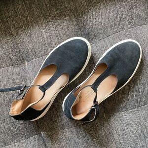Anthropologie Black Suede T-Strap Flats